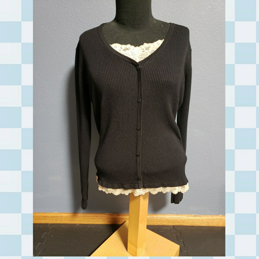 Twofer black and tan lace knit top